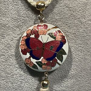 Vintage Cloisonne Butterfly Tassel Pendant Double Sided Round Medallion White